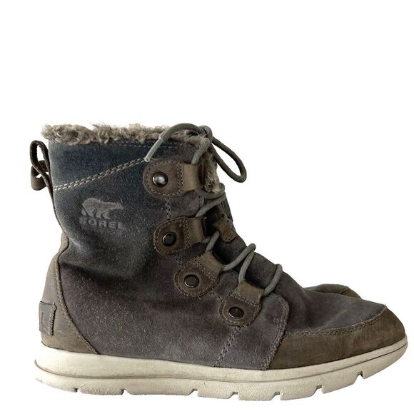Sorel Explorer Joan Boots Size 7 US Gray Suede Faux Fur Insulated Winter - Picture 1 of 8